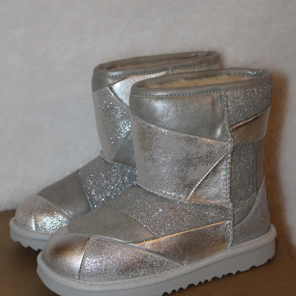 UGG TODDLER PATCHWORK LEATHER BOOTS‎ NEW SILVER
